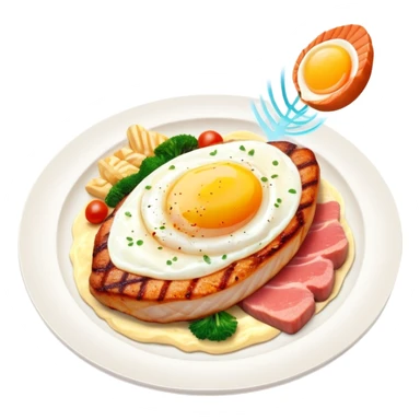Floating plate with protein foods: large golden chicken breast in the center, smaller salmon fillet, red meat steak, and an egg, all orbiting a DNA double helix, with energy rays connecting to a muscular figure silhouette sticker