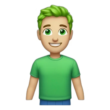 a man, green eyes, blue sweatshirt, green rubies on his head, waves hello sticker