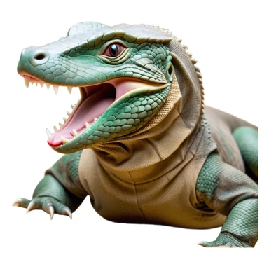 Cinematic Realistic Cute Yawning Komodo Dragon Portrait Emoji, Head tilted slightly with a dramatic, wide-open yawn, showcasing a soft, rugged scaled hide with subtly drooping features and half-closed, drowsy eyes rendered in authentic detail, high shine, relaxed yet expressive, styled with a dash of natural desert charm, soft glowing outline, capturing the essence of a sleepy yet affectionate Komodo dragon that appears ready to stretch out for a deep, restful nap! sticker