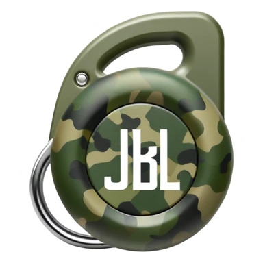 Abstract JBL Clip 4 with round shape, integrated clip, green camo pattern, and small JBL logo, iOS emoji style sticker