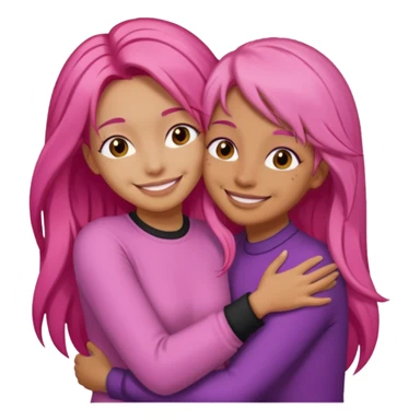 Surprisingly goofy once they open up. Strong, loyal, and incredibly supportive — but still hates wasting time. one woman with long pink hair hugging another woman with short  dark hair sticker