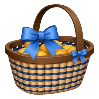 A basket with a blue ribbon on the handle sticker