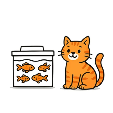 A red-haired cat and a goldfish aquarium in doodle style, more cartoonish sticker