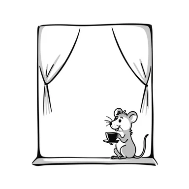 Hand-drawn mouse sitting by the window with a teacup sticker