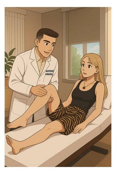 fai un webtoon/manga a colori con questo kinesiologo in camice bianco (fagli la scritta "ANTONIO ANANIA" SUL CAMICE) CHE SVOLGE UN TEST NEUROMUSCOLARE SOLLEVANDO UNA GAMBA ALLA RAGAZZA CHE è STESA SU UN LETTINO BIANCO. STANZA SEMPLICE E MODERNA, DURANTE IL TEST I DUE DIALOGANO TRA LORO. NON FARE I FUMETTI, FAI SOLO LORO COME SE DIALOGASSERO sticker