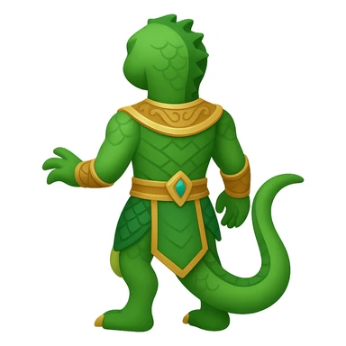 Create a full body reptilian humanoid in an ancient outfit, shown from the back view. Match the style and details of the reference image but adapt it to the emoji style. The background should be removed. The style is emoji-like, concise and simple, with clear details suitable for emoji representation. sticker