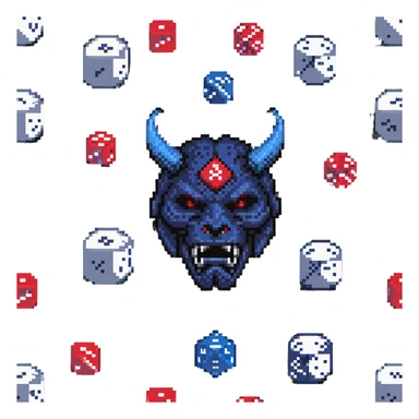 oni mask with a D20 dice sticker