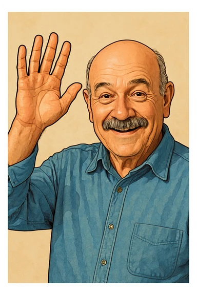 older bald man with a mustache raising his hand, clear and expressive style sticker