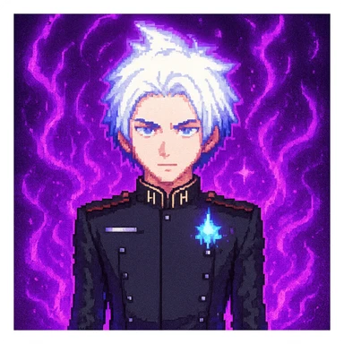 Add purple energy effects around Gojo Satoru in pixel art style, keeping the transparent background. The energy should be vivid and mystical, surrounding the character with glowing purple aura. sticker