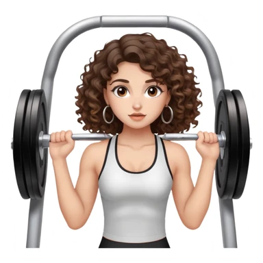 cute girl long brunette balayage curly/wavy not voluminous hair, brown eyes, hoop earrings, natural pretty clean makeup: at the gym struggling with lifting weights sticker