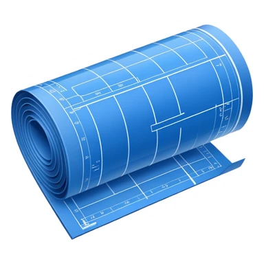side view of a blue blueprint plan with white lines, partially unrolled sticker