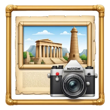Icon for Historical and Cultural Tourism: iconic landmarks like ancient ruins, a museum and a historical monument, with a travel guidebook and camera. The icon should capture the exploration of history and culture. Transparent background. sticker
