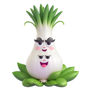 cute and funny anthropomorphic green onion character, round white onion body, large expressive eyes, green leaves as hair, exaggerated crying face with onion juice tears spraying out dramatically, highly expressive and humorous pose, pastel kawaii style, smooth soft textures, high quality lighting sticker