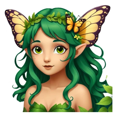 Cinematic Realistic Forest Fairy Portrait, head tilted playfully and inquisitively, showcasing a nature-inspired form with intricately detailed, sunlit tanned skin and cascading dark green hair interlaced with leaves and blossoms showing her large butterfly wings from her back. Her bright, curious eyes sparkle with forest mischief, rendered with lifelike clarity and warm, dappled lighting that captures the spirit of an enchanting woodland fairy ready to dance among the trees. sticker