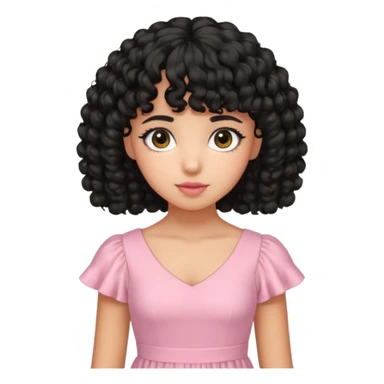 uma menina de pele oliva e cabelos pretos encaracolados e com franja encaracolada e um vestido rosa pastel sticker