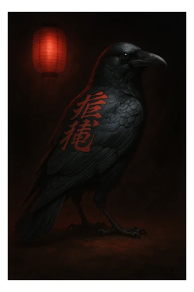 A crow with yakuza calligraphy tattooed on its back, standing confidently, with a hint of red lantern light sticker