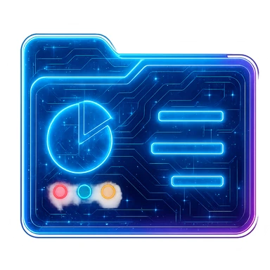 Transform the Windows Control Panel icon into a cyberpunk, holographic style with glowing neon blue and pink edges, circuit patterns throughout the entire icon, and a transparent background. Maintain the recognizable card shape, pie chart, and colored dots, overlaying neon and circuit effects in the same futuristic, clean style as previous cyberpunk icons. The whole icon should have a consistent cyberpunk glow and intricate circuit details in a futuristic, clean cyberpunk style. sticker