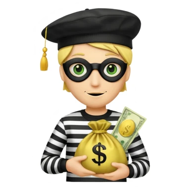Create a high-quality emoji-style illustration of a cartoon thief character. The character should have a yellow face, wearing a black eye mask and a black beret. He is dressed in a black-and-white striped shirt. In one hand, he's holding a golden money bag with a green dollar sign on it.  sticker