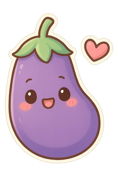 chibi sticker-style eggplant with a heart accent, cute and exaggerated sticker