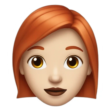 straight long red hair,red lipstick,black eyes, white skin and a small nose sticker