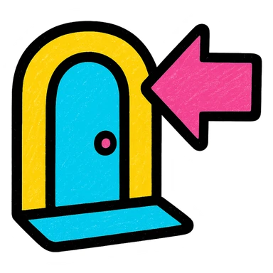 icon for '입구 위치가 눈에 잘 띄었어요' with a doorway and large eye-catching arrow pointing to it, suggesting easy-to-find entrance, colorful approachable style sticker