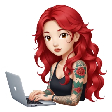 beautiful girl with tattoos, with long redhair, wavy hair, chinese, with laptop sticker