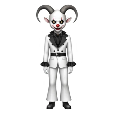 full-body demonic clown in black and white leisure suit with bellbottom pants, bald, black ram horns, flashy black and white belt, ruffled white shirt, no neck tie, large fangs sticker