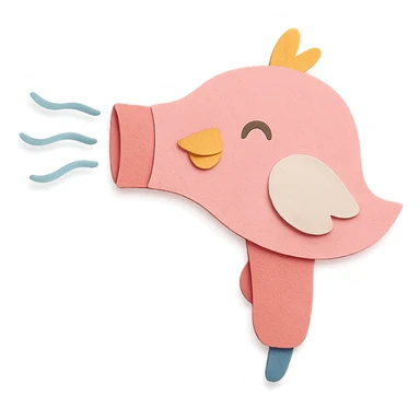 happy bird hair dryer, soft pink, blowing gentle air, full-body sticker