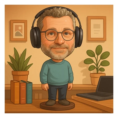 Create an illustration of this person standing in a design office, close to books and a laptop. The scene should be playful and creative, with the person as the main focus, in bobblehead style. sticker