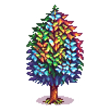 Terraria-inspired tree in pixel art, with rainbow-colored leaves for LGBTQ+ pride, whimsical and colorful, no text sticker