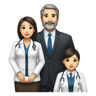 husband american age 64 dark brown hair trimmed beard wearing a business suit holding a bible, wife asian age 64 black shoulder length hair wearing nurse uniform, two daughters age 30 and 37 sticker
