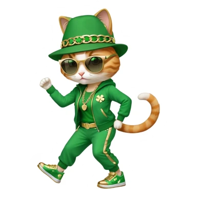 female cat wearing hip-hop Run DMC outfit with green tracksuit, fedora with shamrock, dark sunglasses, gold chains, bling accessories, St. Patrick's Day theme, break dancing sticker