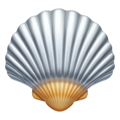 A seashell emoji made of polished silver chrome, smooth curved surface, reflective metallic highlights, elegant minimal design, iOS emoji style, centered, clean white background, soft lighting sticker