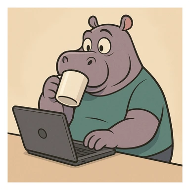 A cartoon hippo sitting at a laptop, drinking coffee, in the style of Pixar animation. sticker