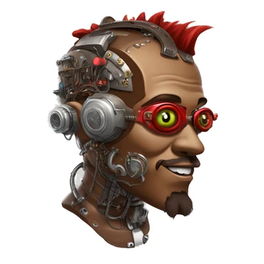 Brown cyborg head with red Mohawk, red beard, silver steampunk monocle goggles a smile and circuits sticker