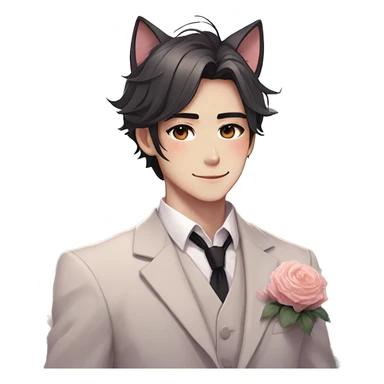 Gorgeous romantic anime style Asian formal modern gentlemanly guy with cat ears and flowers and blushing face aesthetic trending style outside sticker