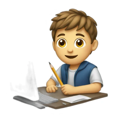 Boy with pencil and computer sticker
