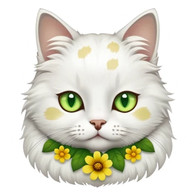 White cat with green eyes, brown-gray spots, and a yellow flower collar, looking serious. sticker
