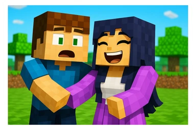 Add a surprised expression to the boy and a laughing expression to the girl in Minecraft style. Keep the blocky, pixelated Minecraft look with simple, colorful textures and cubic shapes. sticker