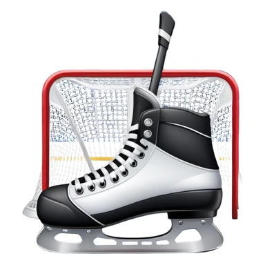 An icon showing a close-up of a hockey stick, puck, skates, and hockey net placed on the ice. The background features a packed stadium with bright lights, cheering fans, and snowy scenery outside. Transparent background highlights the key elements of the game. sticker