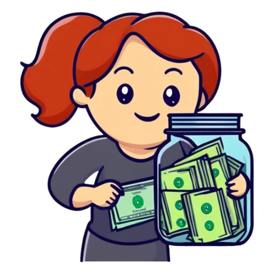 redhead woman with big smile holding glass jar with money bills inside sticker