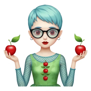 Ghoulia yelps monster high doll in scene/emo style cherry print dress with fishnet sleeves, clothes, thin, small, red, rectangle glasses, pale white-blue skin, pale-green pixie-cut sticker