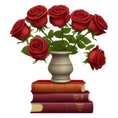 A red stack of books with a maroon bouquet of vintage-style roses and a silk ribbon sticker