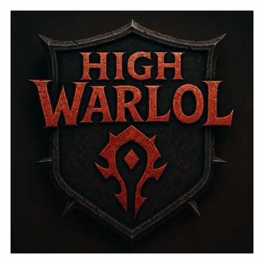 World of Warcraft-inspired logo for 'High Warlol', dramatic battle-worn look, Horde iconography, playful meme-like twist in lettering sticker