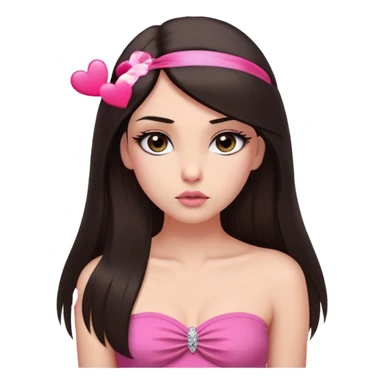girl with lighter skin, dark brown long straight hair falling in front of her body, pouty shiny lips without cupid's bow, shiny large eyes with long eyelashes, lighter button nose, very long oval-shaped face, wearing a pink bandeau top with straight neckline, looking directly at camera with hands down at sides sticker