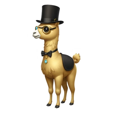 A small golden llama silhouette wearing a black top hat and a single eye monocle, full body shot sticker