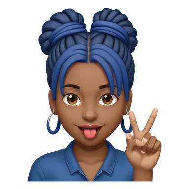 brown girl with dark blue dreads all in a bun with tongue out holding up middle finger sticker