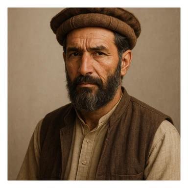 Pashtun man in traditional attire, pakol hat, beard, detailed facial features, neutral background sticker