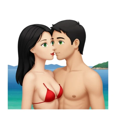 Blonde Woman, green eyes, Red thong, naked breast, Kissing man with blue eyes, black Hair, Background sea  sticker