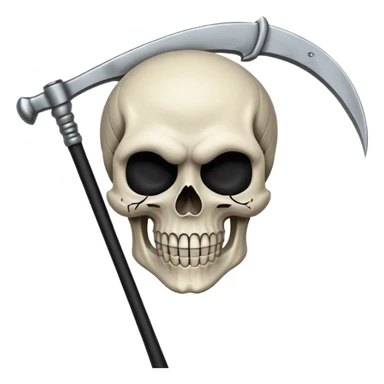 A laughing skull with a scythe crossed behind it, one eye socket winking. Clean, stylized lines, flat vector. Medieval woodcut style. Black and white with one accent color (tarnished silver). No background. sticker